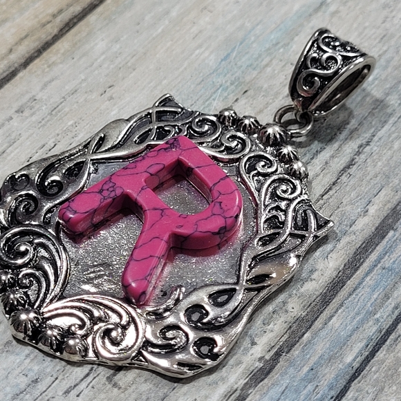 Silver and Pink "R" Initial Pendant - Picture 3 of 6